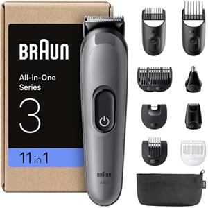 Braun Rifinitore All-in-One Series 3, Rasoio Elettrico Barba e Capelli 11in1, con Lama Ultra Affilata, 14 Lunghezze, 50 Minuti di Autonomia, Styling Facile e Veloce per Viso e Capelli, Aio3565 Grigio