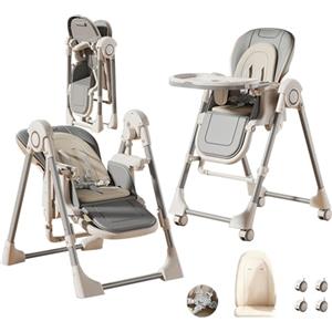 MoLi Pelle PU Seggiolone, Sedia con Funzione di Dondolo, Seggiolone Pappa Vassoio a Doppio Strato (X8121 Gray)