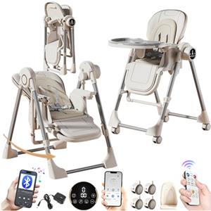 MoLi Elettrico Bluetooth Intelligente Pelle PU Seggiolone, Seggiolino Pappa Sedia con Funzione di Dondolo, Seggiolone Pappa Vassoio a Doppio Strato (E8121 White)