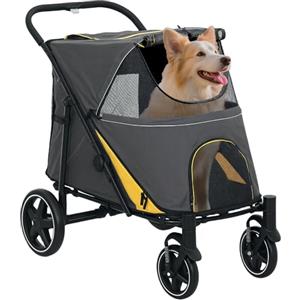 PawHut Passeggino per Cani di Taglia Grande e Media Pieghevole a 4 Ruote con Ingressi a Cerniera e Finestre a Rete, Passeggino per Animali in Acciaio e Tessuto Oxford, 112x65x100 cm, Giallo e Nero