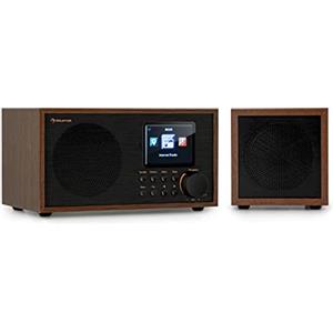 Auna Radio Portatile Ricaricabile, Radio DAB con Bluetooth 5.0, FM/DAB/DAB+ Digitale Mini, Altoparlanti Stereo, Display HCC, Supporto Streaming, Sveglia, 5 Ore di Operatività, Radiolina in Legno
