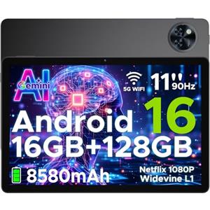 POPUX U11 Android 16 Tablet 11 Pollici Gemini AI 16GB RAM +128GB ROM (2TB TF) 8580mAh Gaming Tablet Unisoc T7200 Octa-Core 13MP+5MP Tablets PC WIFI 5/ GMS/ WidevineL1/ 3.5mm Audio/GPS/Face ID/OTG,Nero