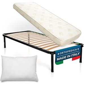 DOLCI SOGNI Set Rete Letto Singolo 80x190, Rete a Doghe Letto Singolo con Materasso e Cuscino, 100% Made in Italy, Materasso Waterfoam 14 cm, Rete Singola con Doghe di Legno, Letto a Una Piazza
