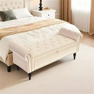 Clevich Cassapanca, Velluto Pouf Contenitore 133cm, con asta a gas Booster, estremità letto con coperchio, Ottomano con gambe in legno, per corridoio, sala da pranzo, camera da letto (Beige)