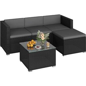 Yaheetech Set Mobili da Giardino 5 Pezzi in Rattan PE, 2 Divani Angolari, Divano Poggiapiedi con Cuscini e Tavolo Laterale per Patio Balcone e Terrazza Nero/Grigio
