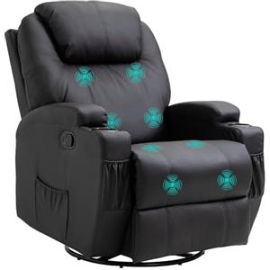 HOMCOM Poltrona Massaggiante Reclinabile Manuale, Poltrona Relax Elettrica Girevole con 2 Portabicchieri, Telecomando, Poggiapiedi e 4 Tasche Laterali, in Pelle PU, Legno e Acciaio, Nero