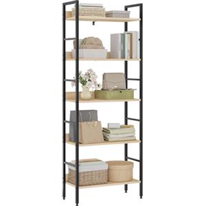 WOLTU Libreria Scaffale a 5 Livelli, Libreria Verticale Struttura in Metallo per Soggiorno/Camera da Letto/Studio, 60x27,5x160cm, Bianco + Rovere chiaro