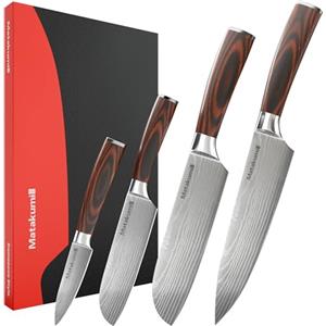 Matakumi Set coltelli da Cucina con Motivo Damascato inciso, Lame affilate in Acciaio al Carbonio con Manici ergonomici per Un Uso Comodo e duraturo, Set coltelli da Cucina Professionali da 4 Pezzi