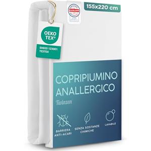 Twinzen Copripiumino Antiacaro 155x220 cm - Copri Piumone Antiacaro con Cerniera - Certificato Oeko-Tex