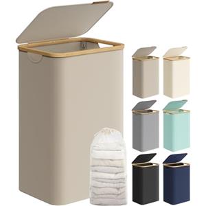 SONGMICS Cesto Portabiancheria con Coperchio, Cesta per Bucato, 90L, Salvaspazio, Sacco Rimovibile, Tessuto Oxford, Manici di Bambù, Pieghevole, 42 x 32 x 70,5 cm, Marrone Cammello LCB509N01V1