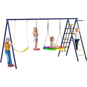 AIYAPLAY 6 in 1 Set Altalene da Giardino per Bambini 3-8 Anni con 3 Altalene, Gioco da Arrampicata e Canestro da Basket, Set da Gioco, Altalena per Bimbi per Parco, Esterno, Multicolore