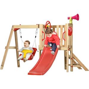 Outsunny Set 4 in 1 con Scivolo, Altalena da Giardino, Volante e Corno Sonoro, Giochi da Esterno per Bambini Età 18-48 Mesi, Struttura in Legno e Plastica, Rosso