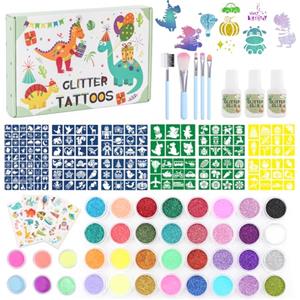 Highttoy Kit Tatuaggi Glitter per Bambini, 38 Colori Tatuaggi Temporanei Glitterati Luminosi Dinosauro con 164 Stencil, 5 Pennelli, 4 Fogli Adesivi Tatuaggi, 3 Colle, Regalo Bambino