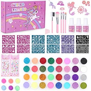 Highttoy Kit Tatuaggi Glitter per Bambina, 38 Colori Tatuaggi Temporanei Glitterati Luminosi Unicorno con 150 Stencil, 5 Pennelli, 3 Colle, 2 Fogli Adesivi Strass, 1 Spugna, Regalo Bambina