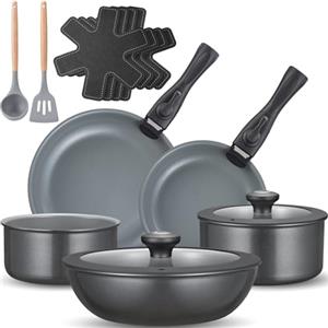 BEZIA Set di Padelle da 17 Pezzi con Manico Rimovibile, Ceramica Antiaderente, Pentole Induzione, Compatibile con Induzione e Gas, Impilabile, Adatto ai Forni, Senza Ptfe & Pfoa & Pfas