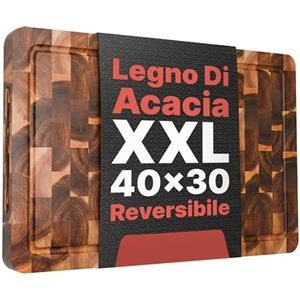 Matakumi Tagliere Legno - Tagliere in Legno di Acacia con Manici Laterali, Scanalatura per Il Succo e Legno di Testa per Mantenere Il Coltello Affilato - A Due Lati (40 x 30 x 3 cm)