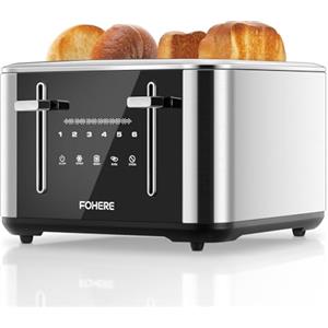 FOHERE Tostapane 4 Fette, 1600W Toaster Intelligente in Acciaio Inossidabile, 6 Livelli di Doratura, Controllo con Touch Screen Completo, Fessura Extra Larga 1.57 Pollici, Timer Digitale, Argento