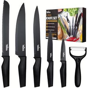 La Moustache - Set di Coltelli 6 Pezzi da Cucina Professionali Affilato, Inossidabile e Antiaderenti, Coltelli Multiuso e Pelapatate, Impugnatura Ergonomica e Prova di Calore (Nero)