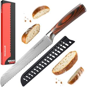 Matakumi Coltello da pane 20 cm lama ondulata - Coltello per pane extra affilato in acciaio inox - Coltello per pane - Coltello da pane stile damascato - Bread Knife - Coltello da cucina - Coltello