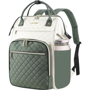 EMPSIGN Zaino per computer portatile da 17 pollici per donne, lavoro, lavoro, viaggi, computer, università, grande capacità, impermeabile, trapuntato, casual, con porta USB, Beige-verde militare