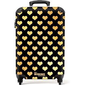 NoBoringSuitcases.com® Cartucce, Valigia rigida con rotelle, trolley, bagaglio a mano, 4 ruote, lucchetto TSA (Piccoli cuori dorati su sfondo nero, 55x40x20 cm)