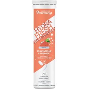 Vitarmonyl Hydrafresh Compresse Effervescenti Idratazione - Elettroliti, Magnesio, Calcio, Vitamine C e B - Integratore Energetico Senza Zuccheri Gusto Pesca - 20 pz - Vitarmonyl