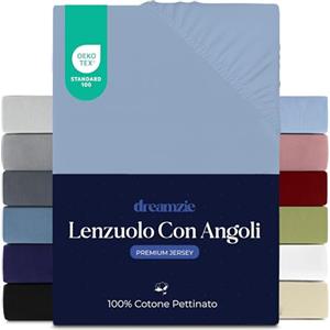 Dreamzie Lenzuola Matrimoniali Cotone 90x200 cm, Altezza Materasso fino a 22 cm - Coprimaterasso Matrimoniale - Azzurro - Certificato senza Prodotti Chimici (Oeko TEX)