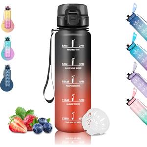 Grsta Borraccia 1 Litro, Borraccia Palestra, Senza Perdite, Borraccie con Orari per Bere, Facile da Pulire, Borracce per Sport, Escursionismo, Corsa, Trekking, Campeggio, Nero-Rosso