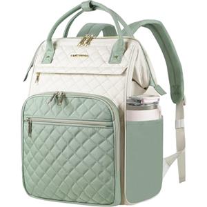 EMPSIGN Zaino per computer portatile da 17 pollici per donne, lavoro, lavoro, viaggi, computer, università, grande capacità, impermeabile, trapuntato, casual, con porta USB, Beige-verde chiaro
