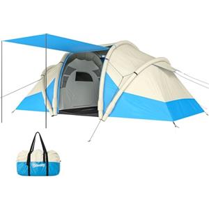 Outsunny Tenda da Campeggio Gonfiabile con Pompa d'Aria, Tenda Campeggio Tunnel per 4 Persone, Impermeabile 3000mm con 2 Camere da Letto, Finestre, Porte, Borsa da Trasporto, Montaggio Rapido, Azzurro