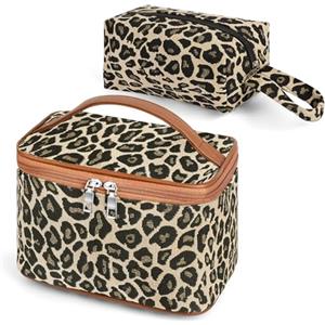 Adiwo 2 Pezzi Beauty Case da Viaggio Donna Leopardata Stampata, Grande Capacità, Borsa da Toilette per Toiletries, Cosmetici, Accessori ed Essenziali da Viaggio, Borsa da Trucco con Maniglia Integrata