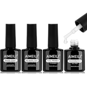 AIMEILI Nail Prep e Primer Base e Top coat Unghie per Gel, Dehydrator e Primer Base e Top Coat Semipermanente Unghie Kit 4 x 10ml