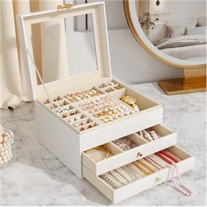 OrderlyGo Grande Scatola Portagioie Donna 3 Livelli - Organizer Gioielli Elegante con 24 Scomparti - Custodia per Anelli, Collane e Bracciali con Coperchio Trasparente - Regalo Perfetto per Donna (Bianco)