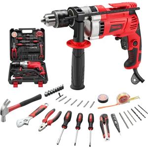 TEENO Trapano a Percussione Elettrico Filo 910 W, Trapano Elettrico a Filo 0-3000RPM, Pulsante di Velocità Variabile, 37 Pezzi Cassetta Attrezzi Completa, Mandrino 13 mm, Mattoni, Legno, Acciaio
