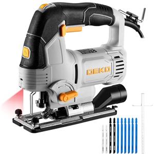 DEKOPRO Seghetto Alternativo Elettrico: DEKOPRO 800W Seghetto con Luce LED e Laser, 4 Impostazioni Orbitali, 6 Velocità Variabili, 800-3000 SPM, Taglio a ±45° per Legno, Metallo e Plastica, Kit con 10 Lame