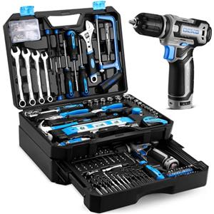 DEKO Cassetta Attrezzi Completa Elettriche: DEKO 238 Pezzi con Trapano a Batteria 12V, Valigetta Attrezzi con Set Completo di Punte, Blu