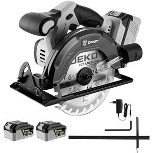 DEKOPRO Sega circolare senza fili: DEKOPRO 20V Sega circolare con guida, 4500 giri/min, lama Ø165 mm (24T), profondità massima di taglio 55 mm (90°), 33 mm (45°), ideale per tagliare il legno (2 batterie)