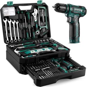 DEKO Cassetta Attrezzi Completa Elettriche: DEKO 238 Pezzi con Trapano a Batteria 12V, Valigetta Attrezzi con Set Completo di Punte, Verde