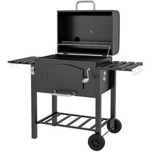 Outsunny Barbecue da Giardino con Griglia, Affumicatore e Fornello, BBQ a 2 Ruote in Metallo e Ghisa con Termometro, Camino e Bocchette, 124x66x112 cm, Nero