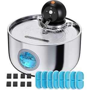 NOBXBON Fontanella per Gatti Senza Fili: Distributore Acqua Gatti Acciaio Inox - 2.6L Fontana Acqua Gatto con Sensore di Movimento - Abbeveratoio Gatto Automatico - Dispenser Acqua Multifiltro - 16 Filtri