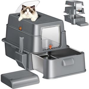 Fobyfurny Lettiera Acciaio Inox Gatto con Cassetto XXL, Grigio Scuro