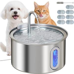 PawHut Fontanella per Gatto da 2.5L con Luce LED, Spazzola e 2 Modalità di Flusso, Fontana per Gatti in Acciaio Inox 304, 19.4x19.4x18.7 cm, Argento