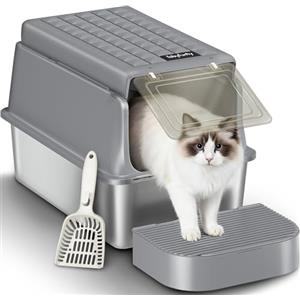 Fobyfurny Lettiera Acciaio Inox Chiusa con Coperchio, Lettiera Gatto Acciaio Inox XXL, con Paletta e Pedana, Rimovibile, Coperchio Incernierato a 120°, Facile da Pulire, Grigio Scuro, FPLB001SG2