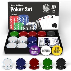 Soom Games - Set Poker per 2-5 Giocatori, Include 110 Chips, Pulsanti Big Blind e Small Blind, Pulsante Dealer, Carte da Gioco per Texas Holdem, Kit Poker Completo