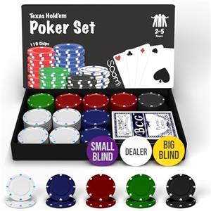 Soom Games - Set Poker per 2-4 Giocatori, Include 110 Chips, Pulsanti Big Blind e Small Blind, Pulsante Dealer, Carte da Gioco per Texas Holdem, Kit Poker Completo