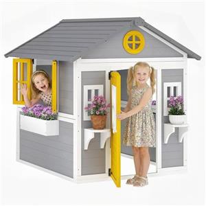 Outsunny Casetta in Legno per Bambini 3-8 Anni, Casetta da Giardino per Bambini con Finestre, Tetto Inclinato, Vasi e Fioriere, Grigio, Giallo, Bianco
