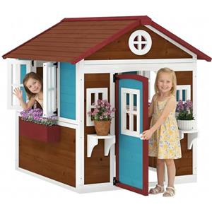 Outsunny Casetta in Legno per Bambini 3-8 Anni, Casetta da Giardino per Bambini con Finestre, Tetto Inclinato, Vasi e Fioriere, Blu, Bianco, Rosso