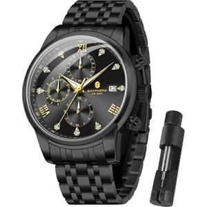 SAPPHERO Orologi da uomo in acciaio inox, 50 m, impermeabile, luminoso, elegante, regalo, orologio da polso analogico al quarzo, da uomo, Nero, Moderno