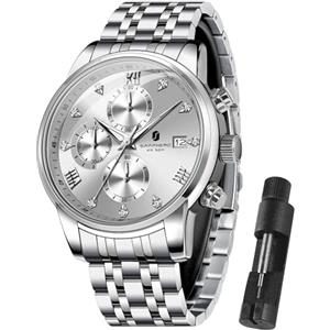 SAPPHERO Orologio rotondo da uomo, in acciaio inox, impermeabile fino a 50 m, luminoso, elegante, con datario e design analogico al quarzo, 09Argento Bianco