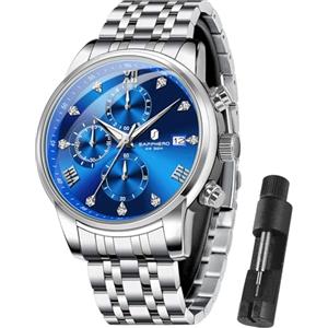 SAPPHERO Orologio da Uomo in Acciaio Inox 50m Impermeabile, Luminoso ed Elegante con Data Analogico al Quarzo - Regalo Perfetto Argento-Blu